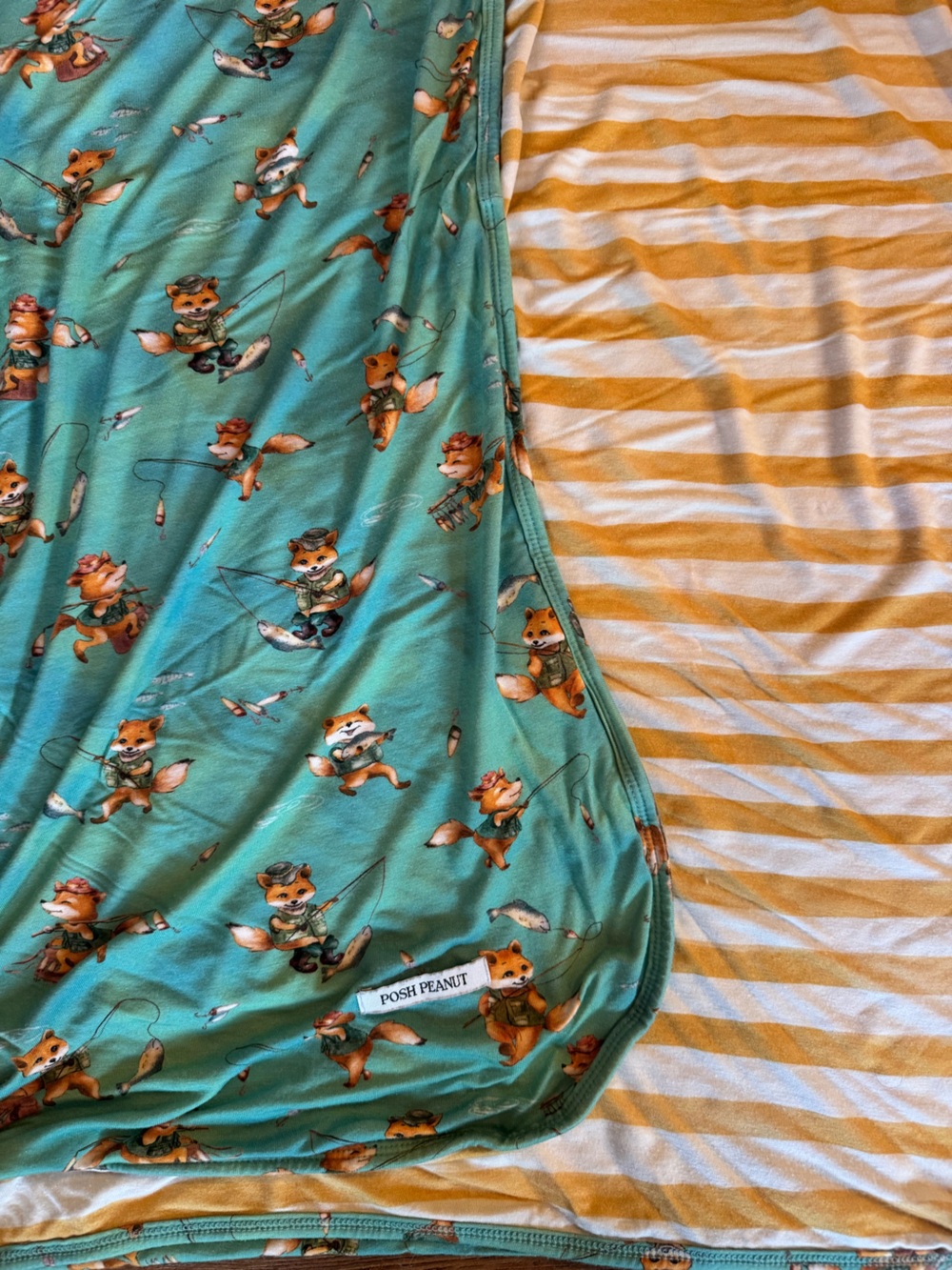 Posh Peanut Fox Fishing Print Sheet - Aqua and Mustard Stripe